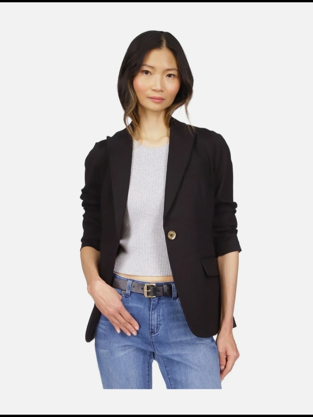 Michael Kors Black Knit Single-Button Ruched-Sleeve Blazer